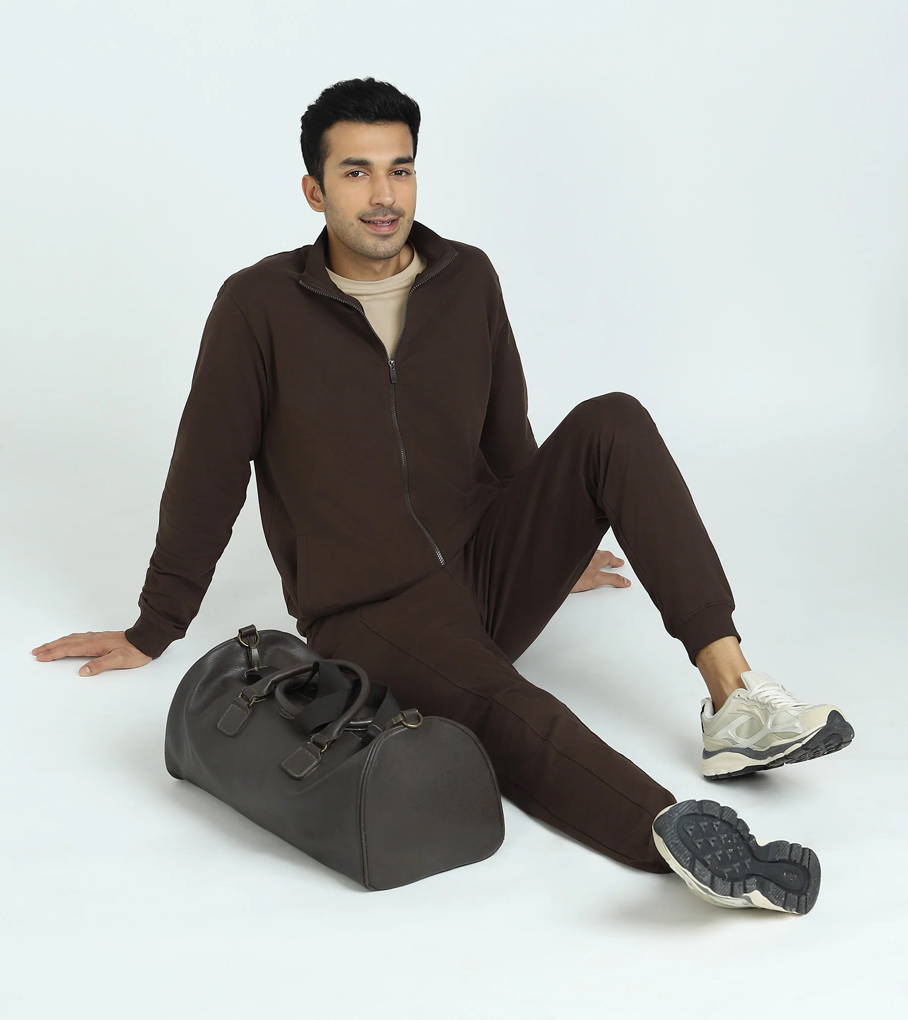 Cruze French Terry Cotton Zip-Up Jacket and Joggers Co-Ord Set Malt Brown - Image 2