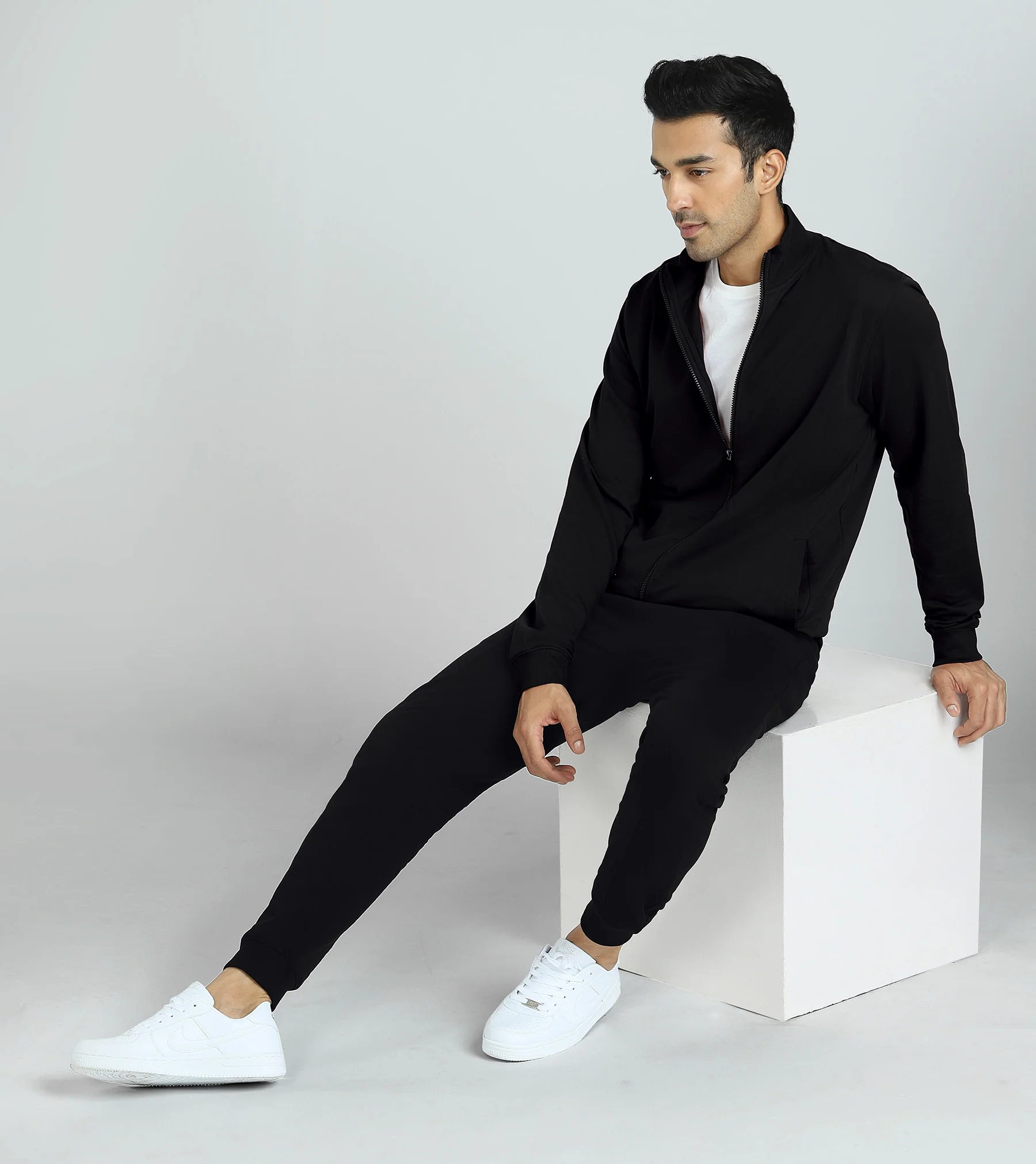 Cruze French Terry Cotton Zip-Up Jacket and Joggers Co-Ord Set Pitch Black - Image 2