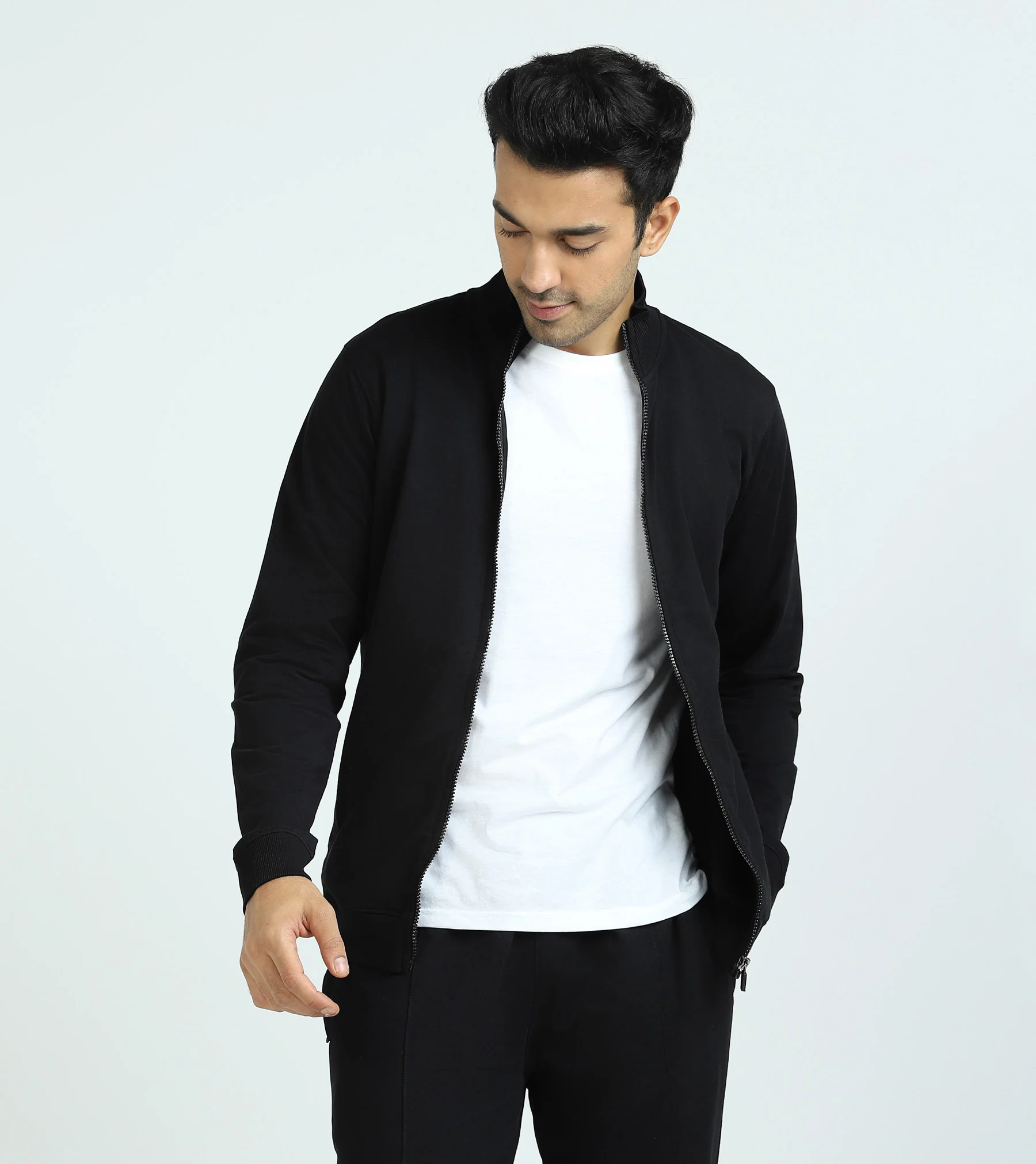 Cruze French Terry Cotton Zip-Up Jacket and Joggers Co-Ord Set Pitch Black - Image 3