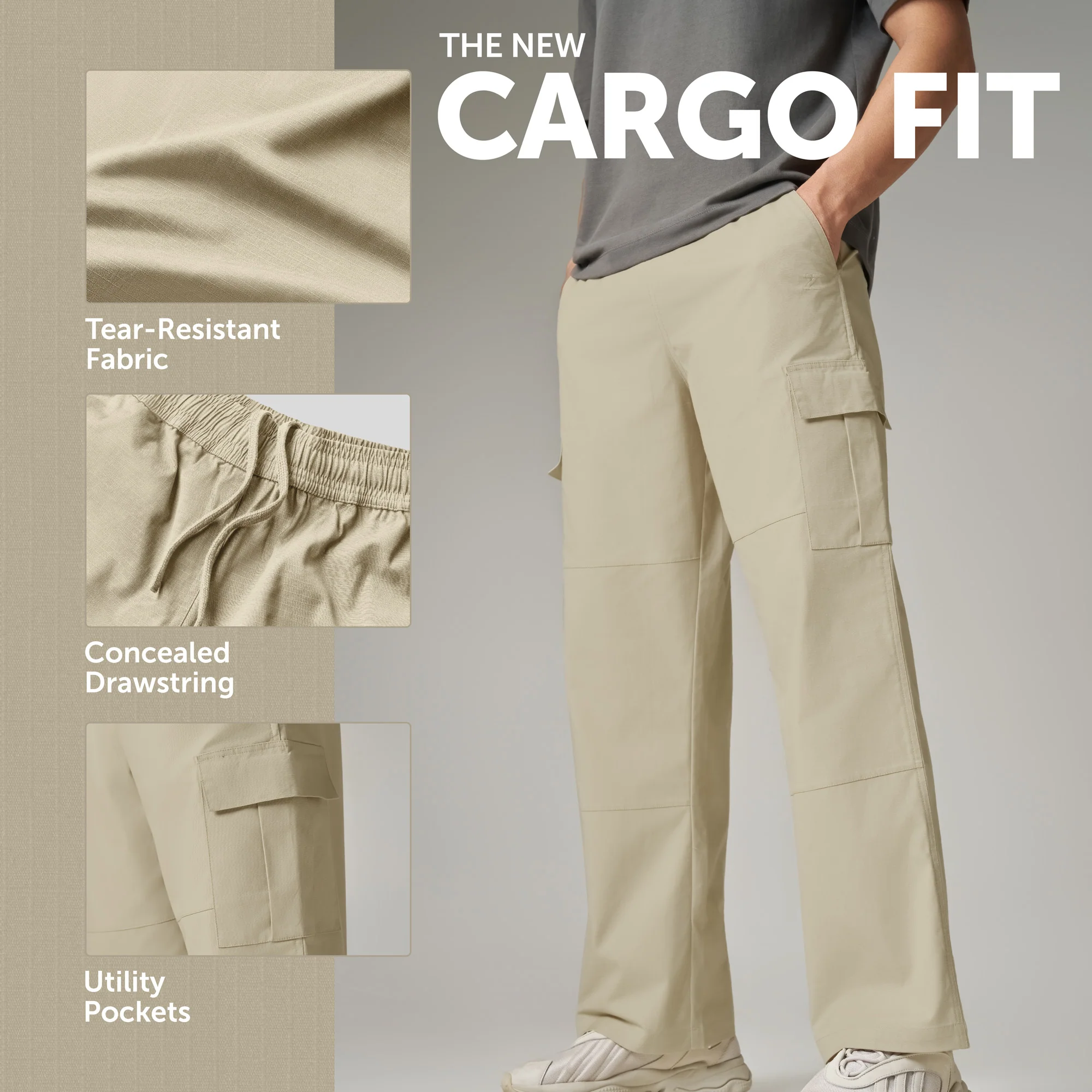 Textured Wide-Straight Fit Cargo Pants - Creamy Tan - Image 2