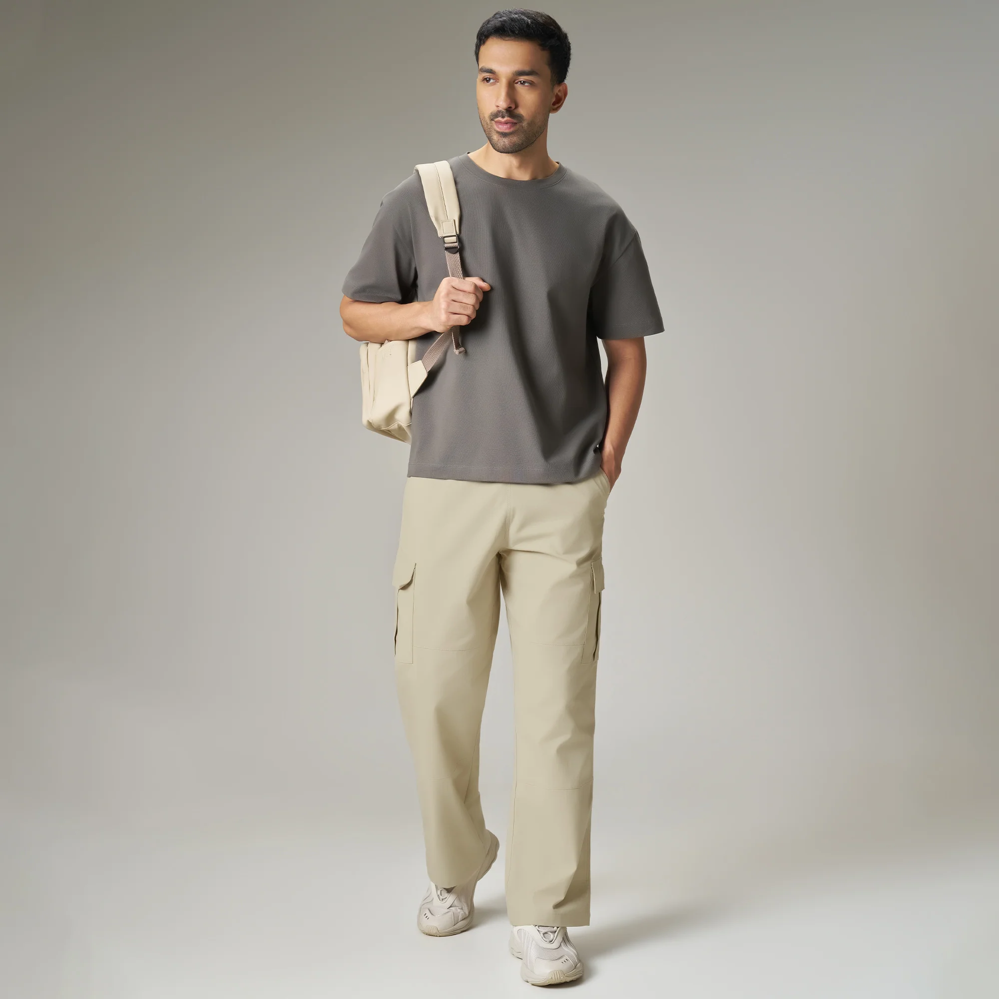 Textured Wide-Straight Fit Cargo Pants - Creamy Tan - Image 3