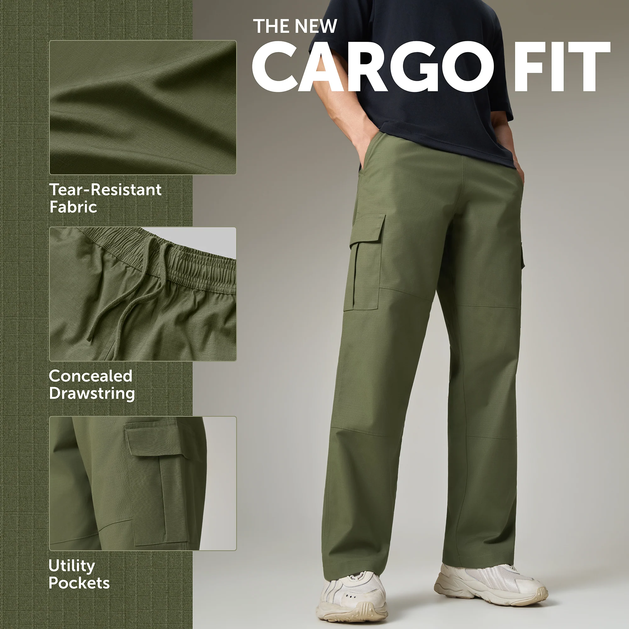 Textured Wide-Straight Fit Cargo Pants - Olive Green - Image 2