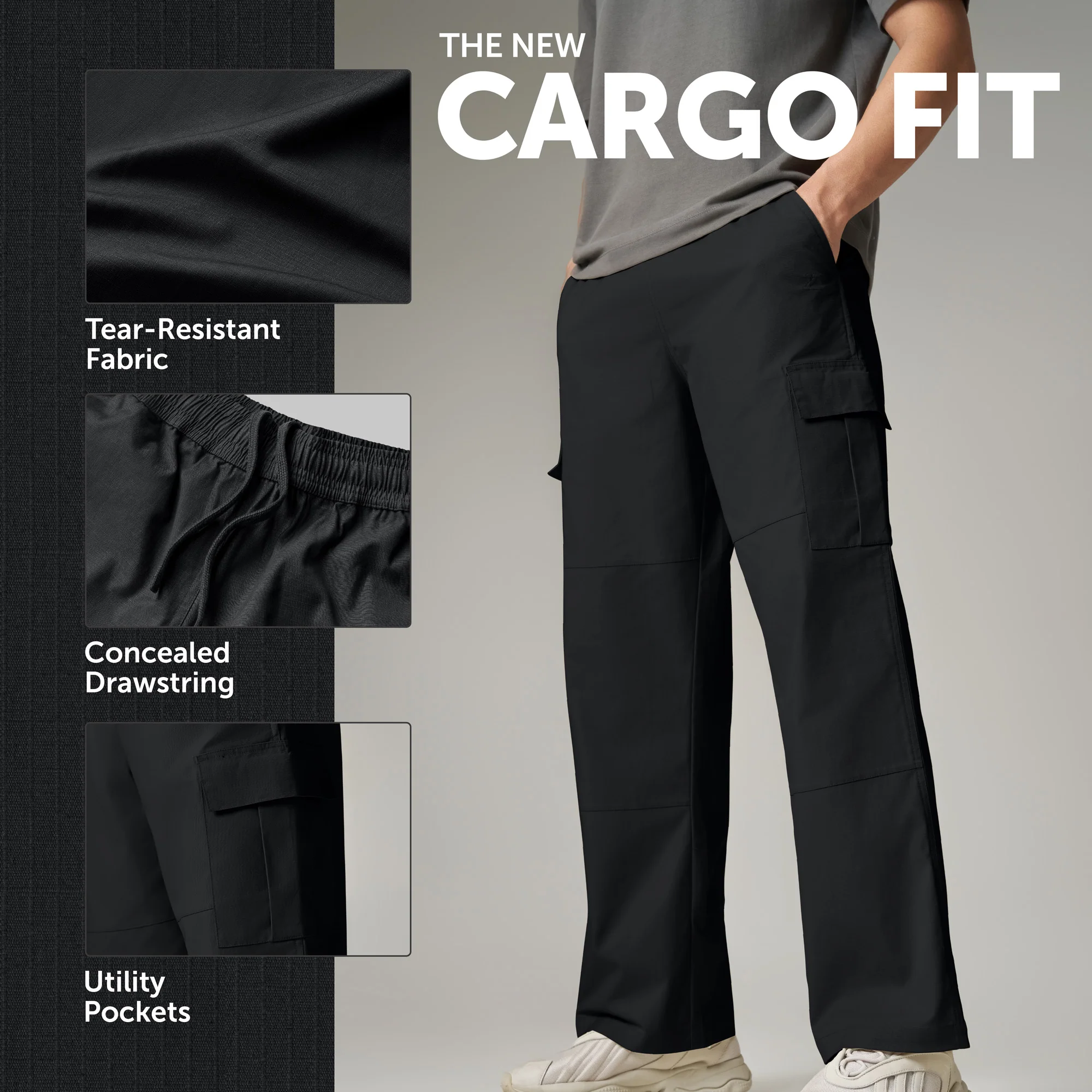 Textured Wide-Straight Fit Cargo Pants - Onyx Black - Image 2